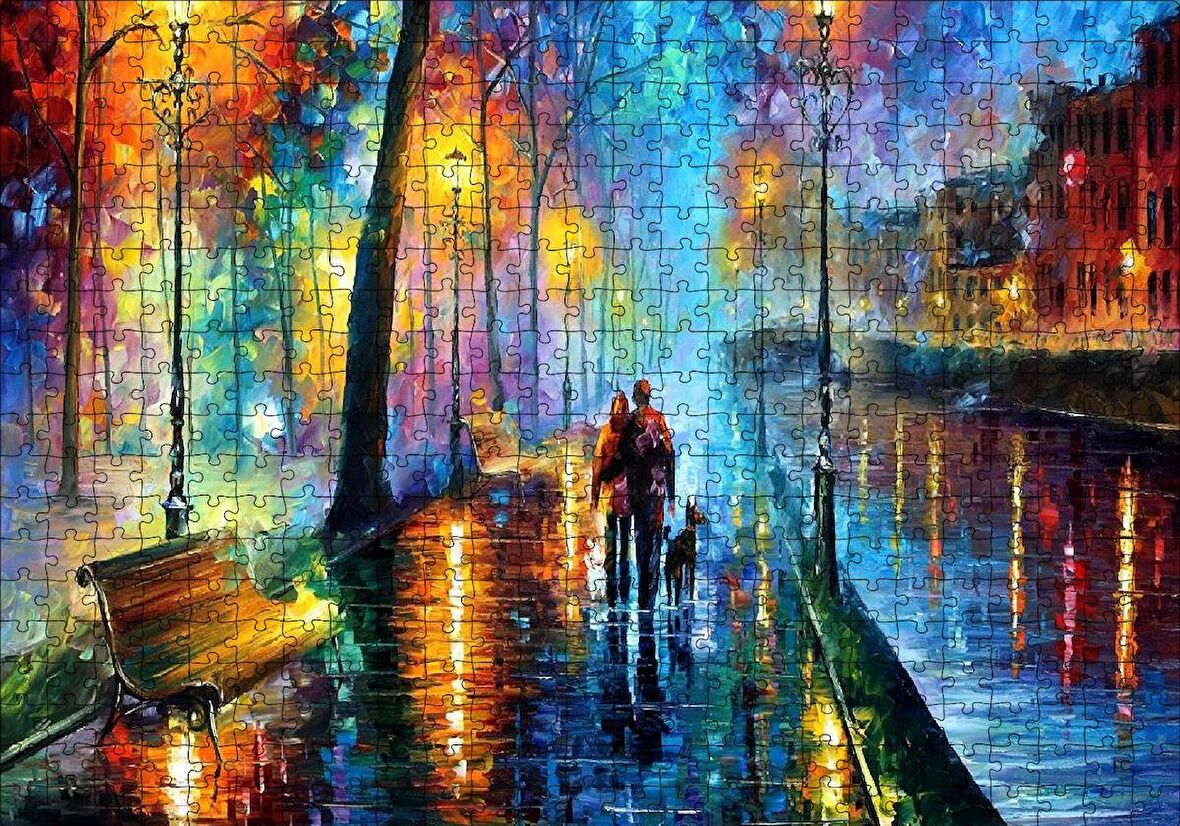 Cakapuzzle  Sokak Lambaları Yürüyen Çift ve Köpek Yağlı Boya Puzzle Yapboz MDF Ahşap