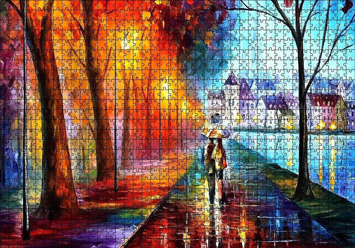 Cakapuzzle  Yağmur Sahil Şemsiyeli Çift Yağlı Boya Puzzle Yapboz MDF Ahşap