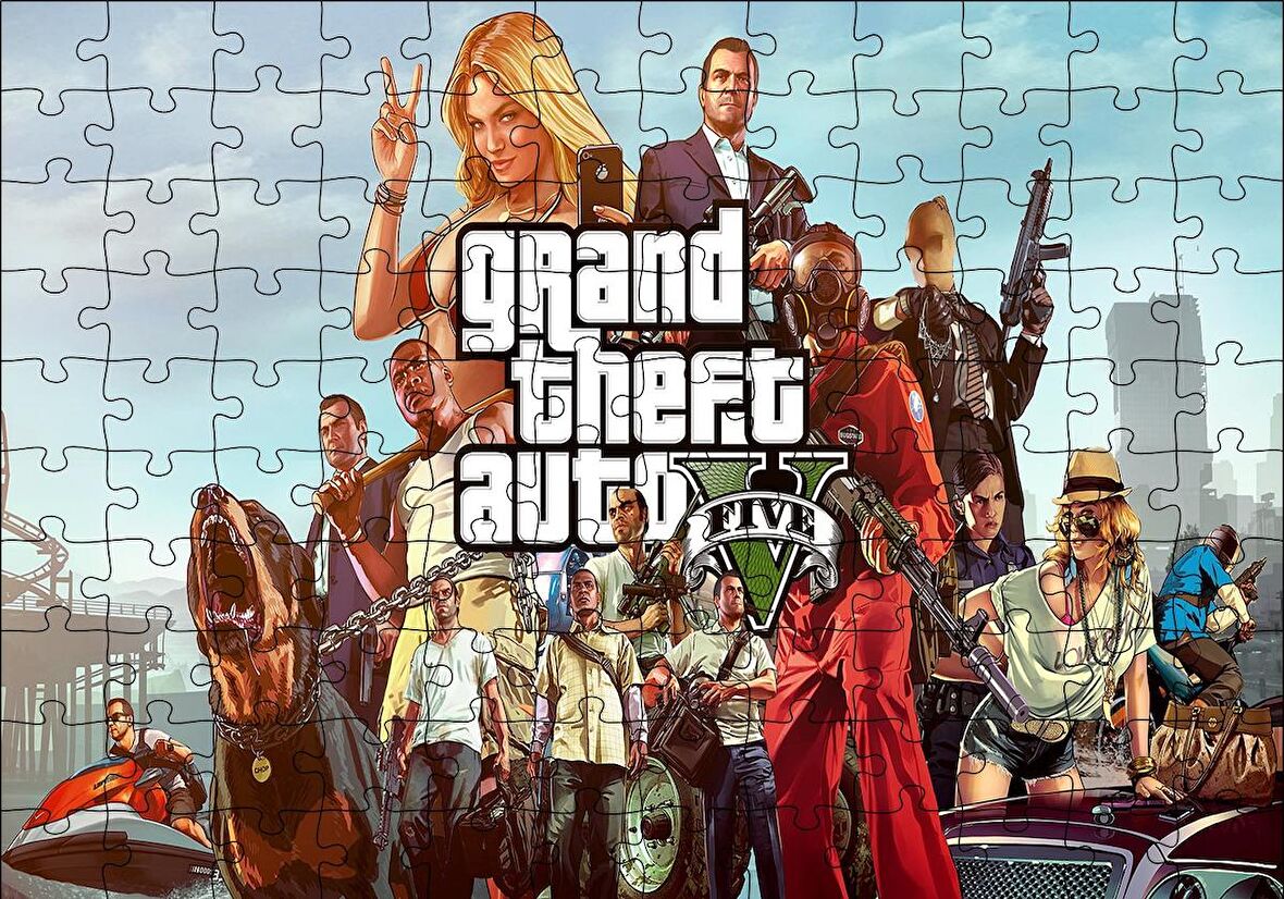 Cakapuzzle  GTA 5 Oyun Posteri Tüm Karakterler Puzzle Yapboz MDF Ahşap