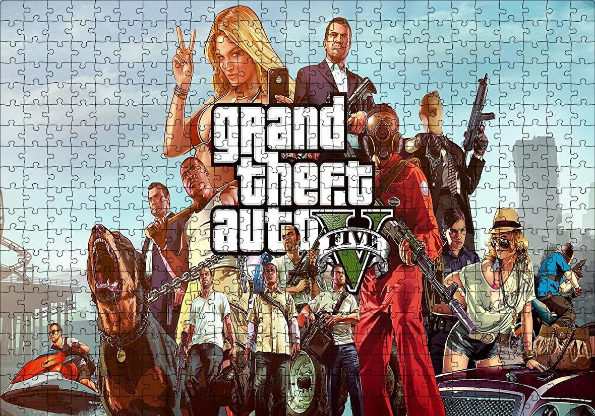 Cakapuzzle  GTA 5 Oyun Posteri Tüm Karakterler Puzzle Yapboz MDF Ahşap