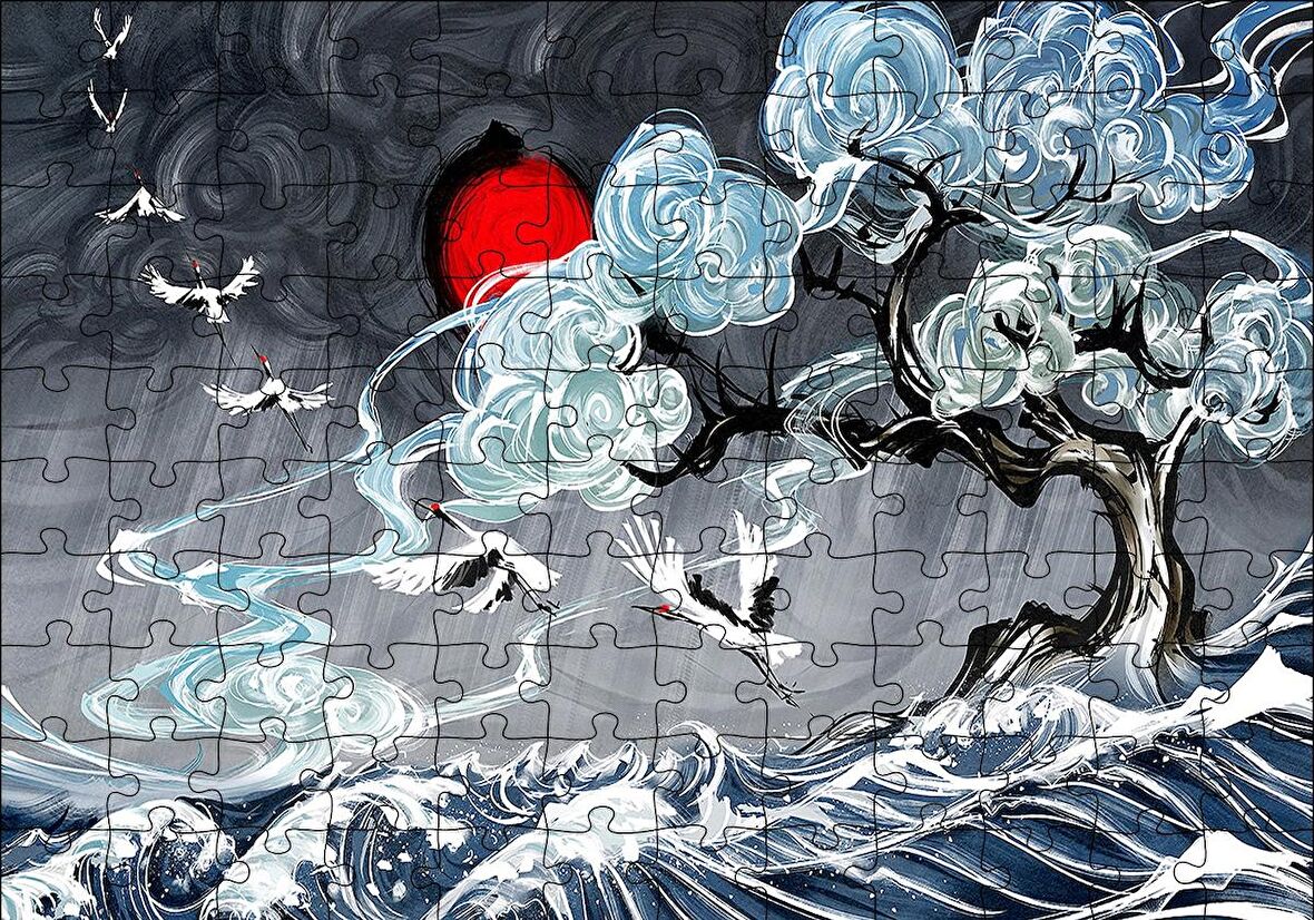 Cakapuzzle  Leylekler Dalgalı Deniz Ağaç ve Güneş Yağlı Boya Puzzle Yapboz MDF Ahşap