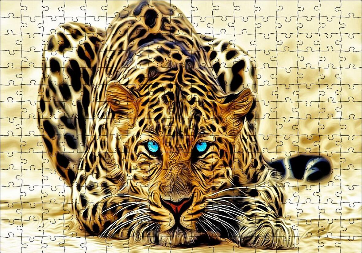 Cakapuzzle  Mavi Gözlü Leopar İllüstrasyon Puzzle Yapboz MDF Ahşap