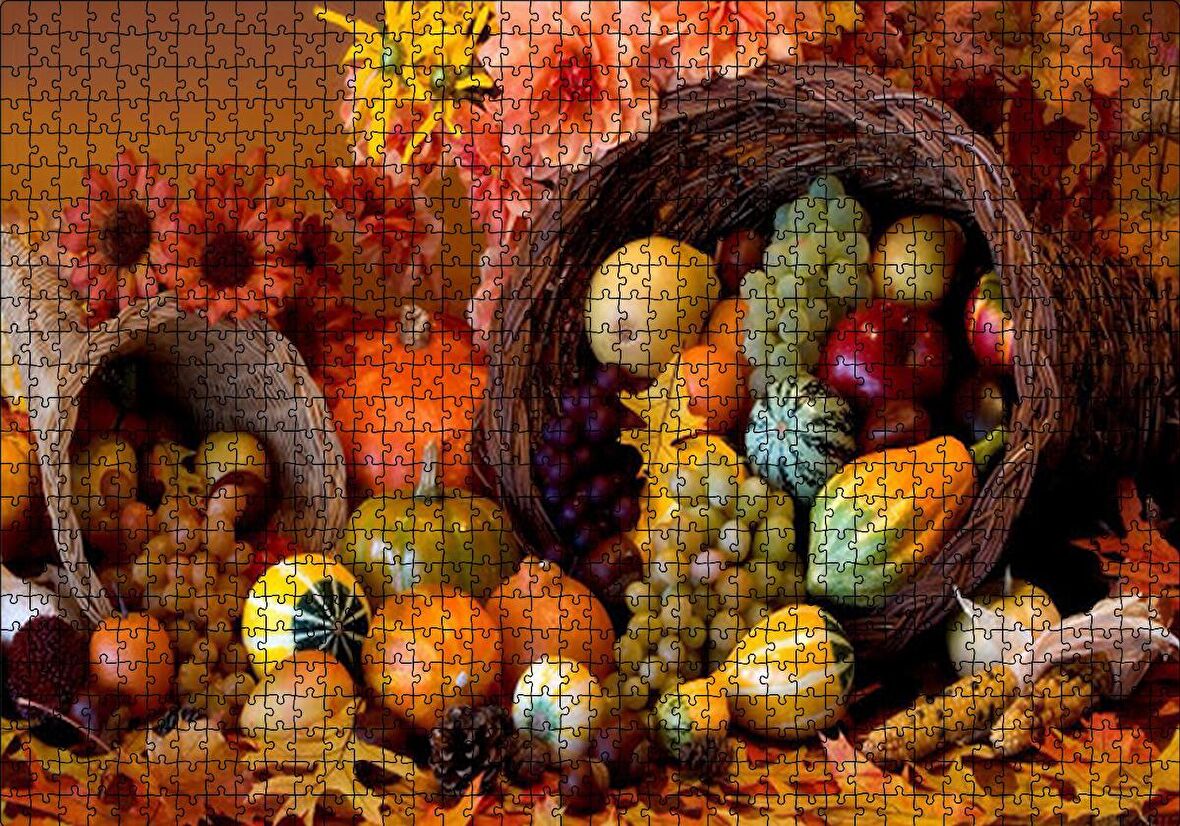 Cakapuzzle  Sepetler ve Dökülen Karışık Meyveler Puzzle Yapboz MDF Ahşap