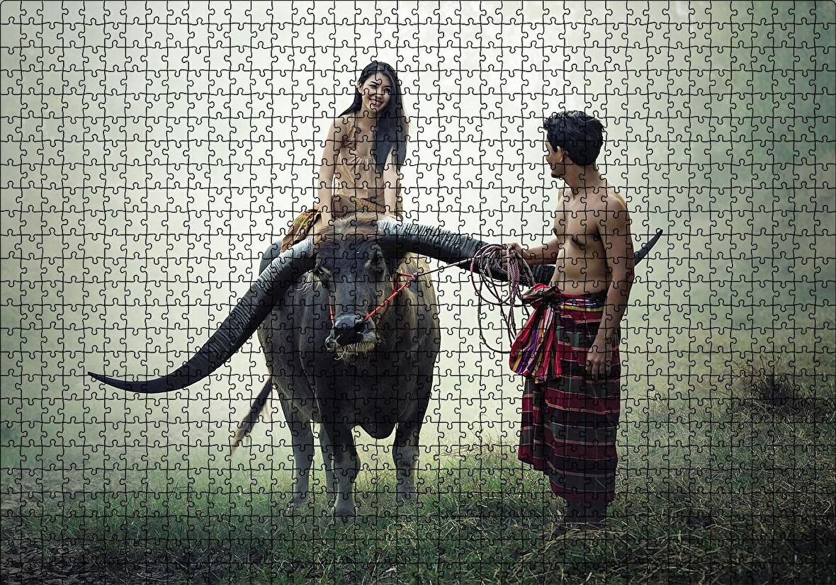 Cakapuzzle  Boynuzlu Manda Genç Kız ve Erkek Puzzle Yapboz MDF Ahşap