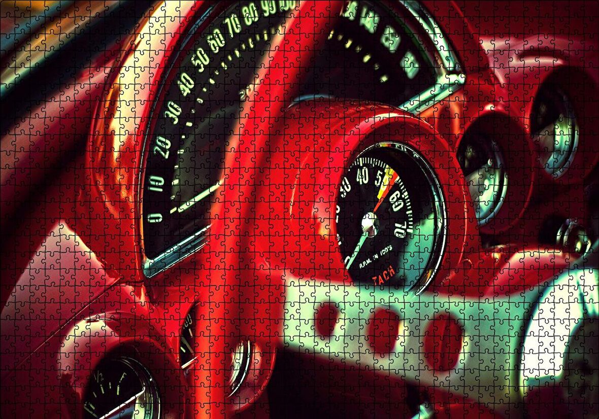 Cakapuzzle  Kırmızı Amerikan Arabası Kadranlar ve Direksiyon Puzzle Yapboz MDF Ahşap