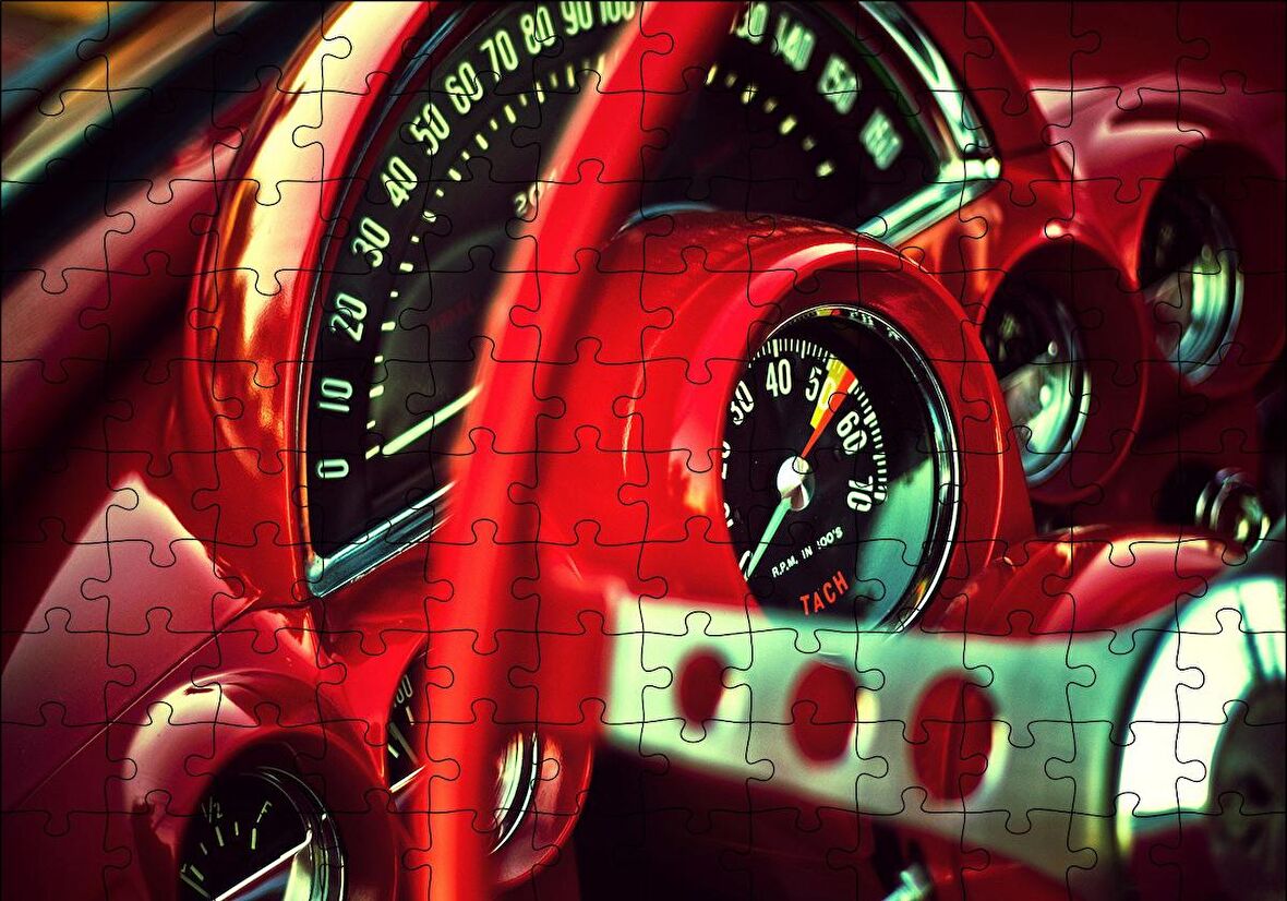 Cakapuzzle  Kırmızı Amerikan Arabası Kadranlar ve Direksiyon Puzzle Yapboz MDF Ahşap