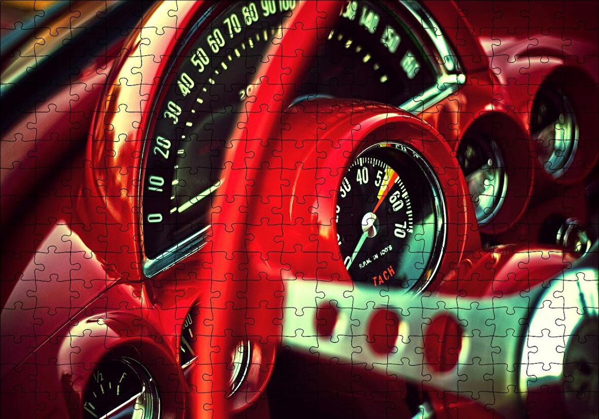 Cakapuzzle  Kırmızı Amerikan Arabası Kadranlar ve Direksiyon Puzzle Yapboz MDF Ahşap
