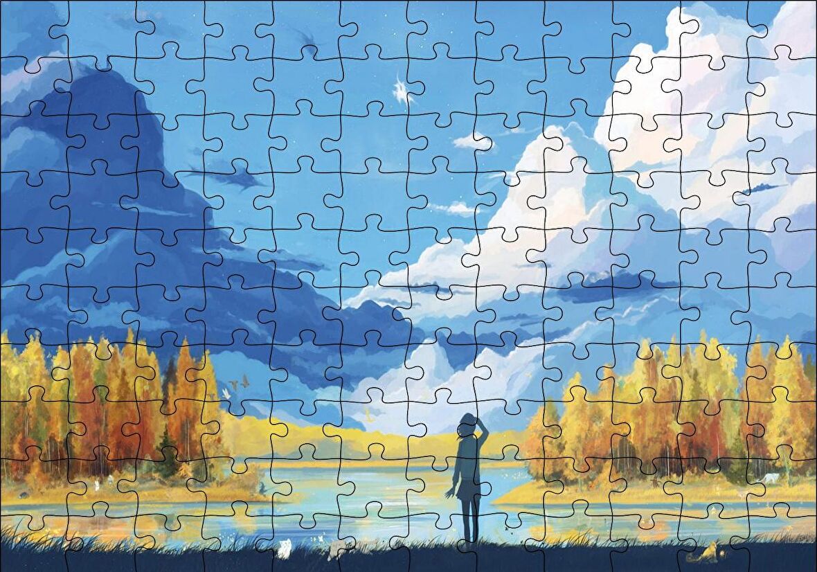 Cakapuzzle  Sonbahar Ağaçları Bulutlar Göl ve Kız Yağlı Boya Puzzle Yapboz MDF Ahşap
