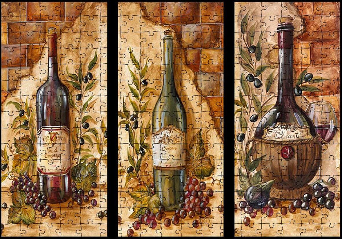 Cakapuzzle  Üç Çeşit Şarap Şişesi Üzüm Görseli Puzzle Yapboz MDF Ahşap