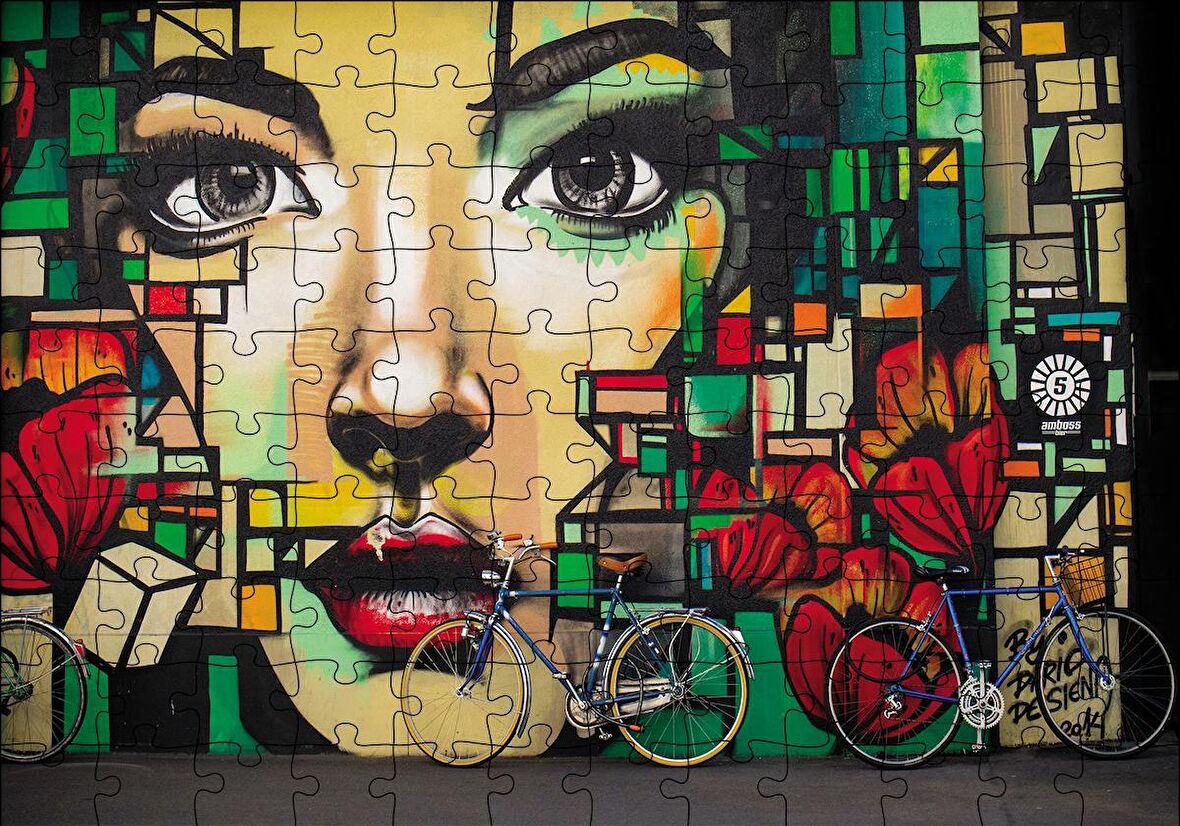 Cakapuzzle  Duvar Boyama Kadın Portre ve Bisikletler Puzzle Yapboz MDF Ahşap