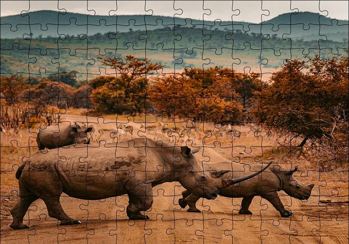 Cakapuzzle  Muhteşem Boynuzlu Gergedan ve Yavrusu Puzzle Yapboz MDF Ahşap
