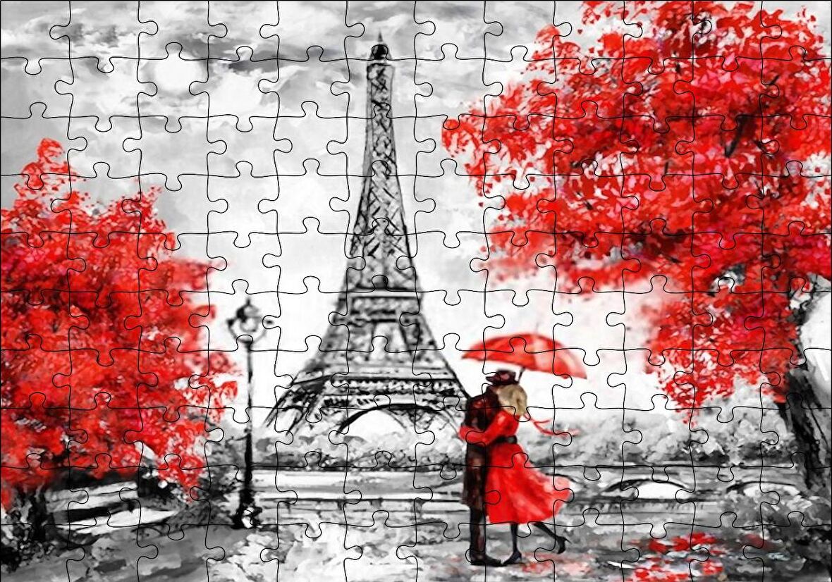 Cakapuzzle  Eyfel Kulesi Kırmızı Ağaçlar Kırmızı Şemsiyeli Çift Puzzle Yapboz MDF Ahşap