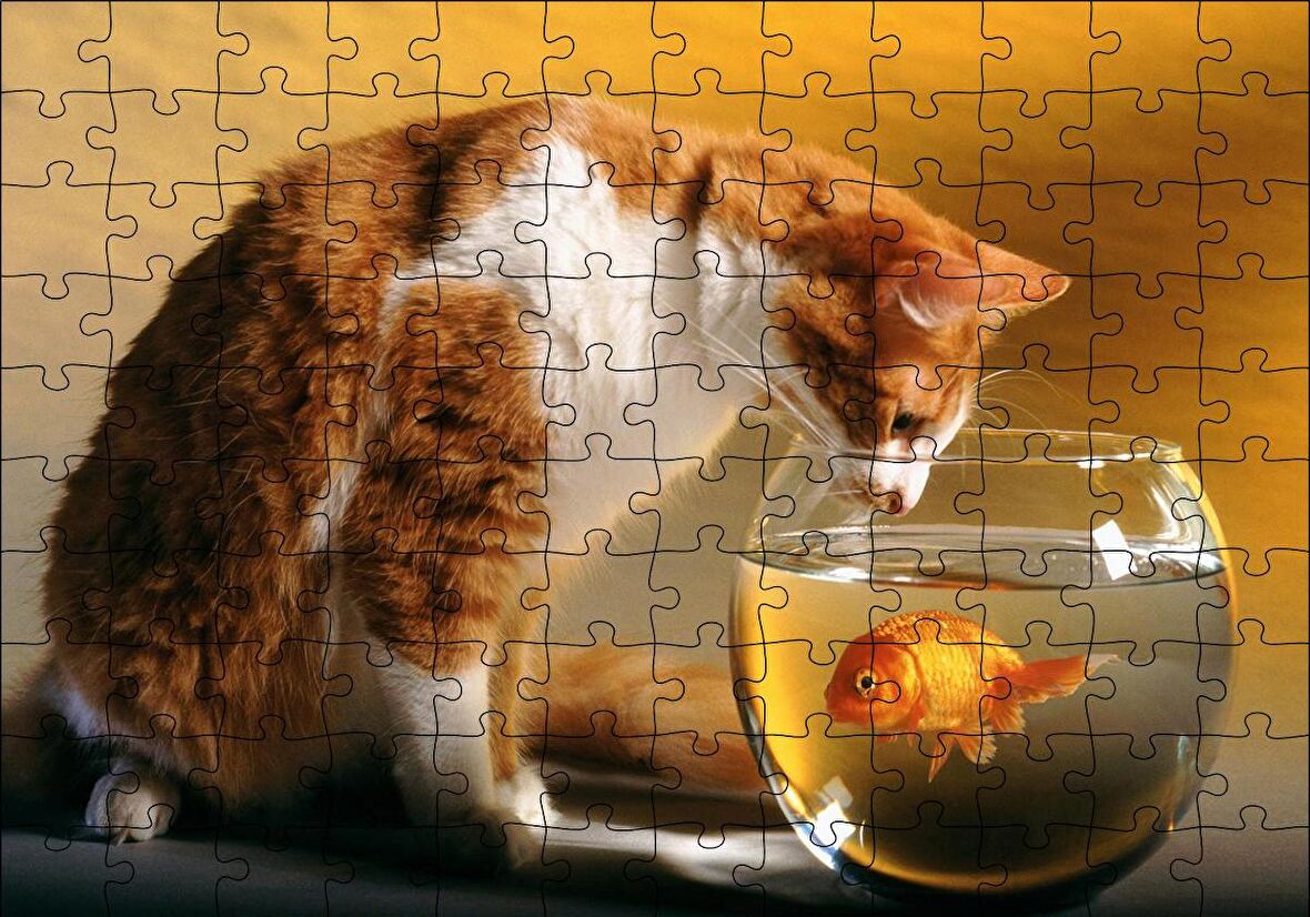 Cakapuzzle  Fanustaki Balık ve İzleyen Kedi Puzzle Yapboz MDF Ahşap