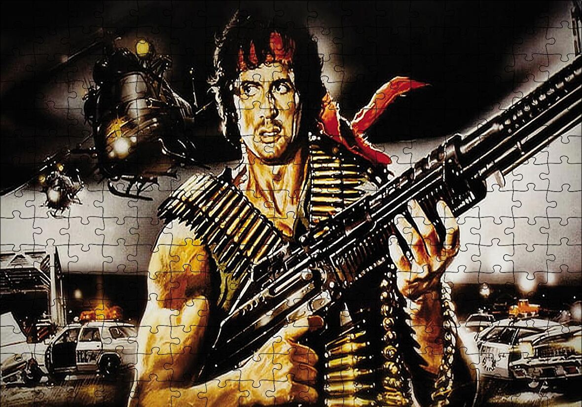 Cakapuzzle  Rambo Makineli Tüfek ve Arkaplanda Helikopter ve Polisler Puzzle Yapboz MDF Ahşap