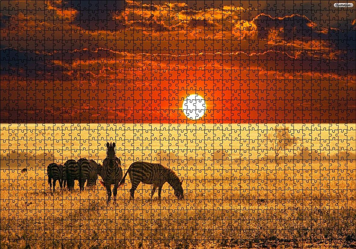 Cakapuzzle  Afrikada Gün Batımındaki Zebralar Puzzle Yapboz MDF Ahşap