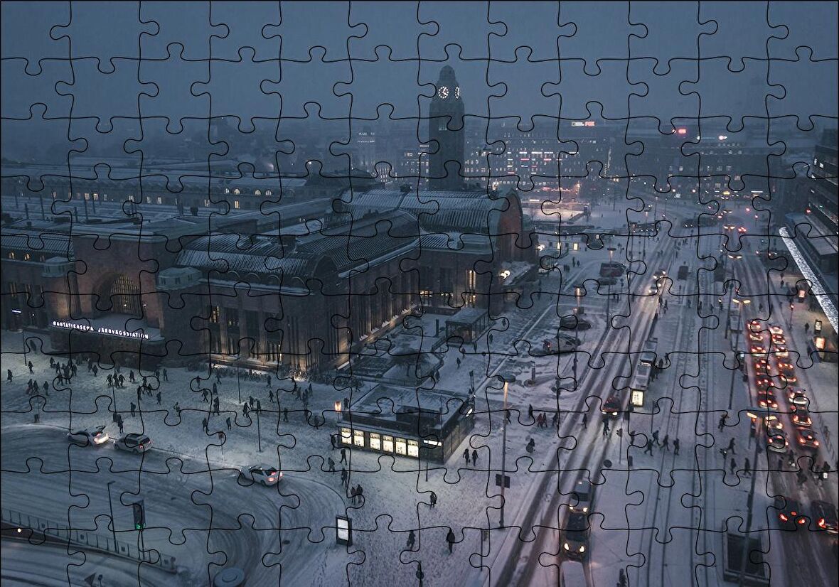 Cakapuzzle  Karla Kaplı Caddeler ve Tren İstasyonu Puzzle Yapboz MDF Ahşap