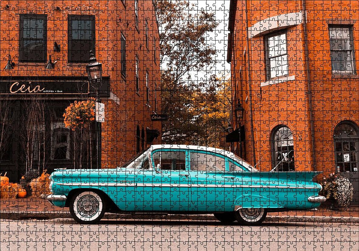 Cakapuzzle  Kırmızı Binalar ve Yeşil Araba Puzzle Yapboz MDF Ahşap