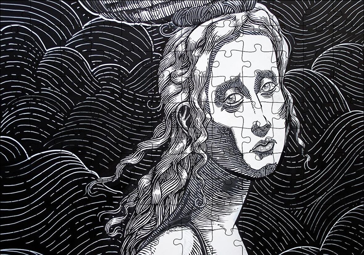 Cakapuzzle  Siyah Beyaz Gravür Hüzünlü Bakışlı Kadın Puzzle Yapboz MDF Ahşap