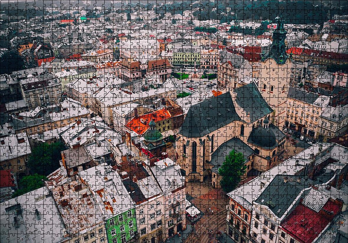 Cakapuzzle  Şehir ve Renkli Çatılar Kuş Bakışı Görünüm Puzzle Yapboz MDF Ahşap