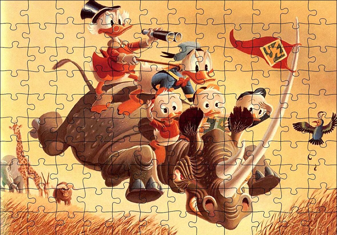 Cakapuzzle  Donald Duck ve Torunları Gergedan Üzerinde Puzzle Yapboz MDF Ahşap