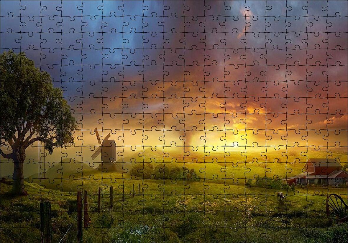 Cakapuzzle  Günbatımı Yeldeğirmeni ve Hortum Puzzle Yapboz MDF Ahşap
