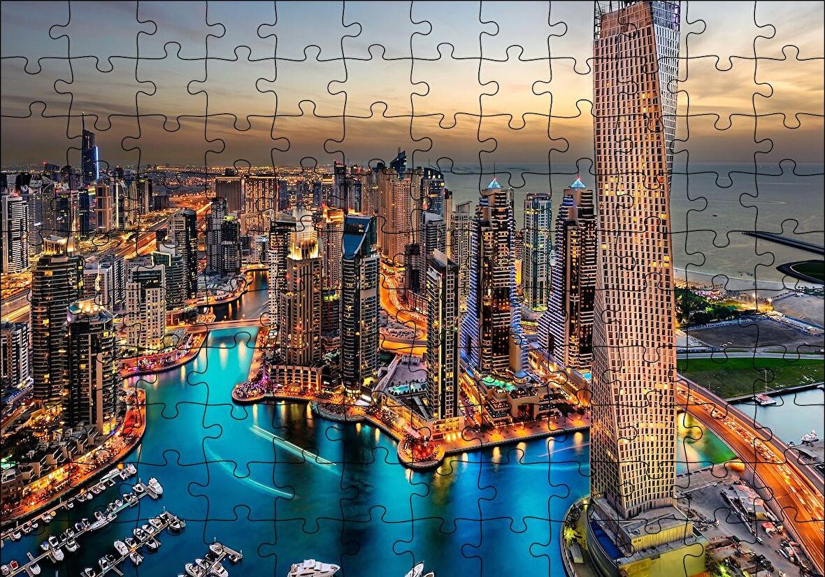 Cakapuzzle  Günbatımında Gökdelenler ve Şehir Işıkları Puzzle Yapboz MDF Ahşap