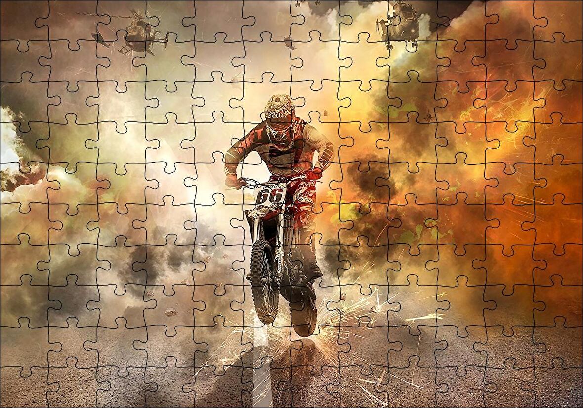 Cakapuzzle  Motokros, Helikopterler ve Kızıl Dumanlar Puzzle Yapboz MDF Ahşap
