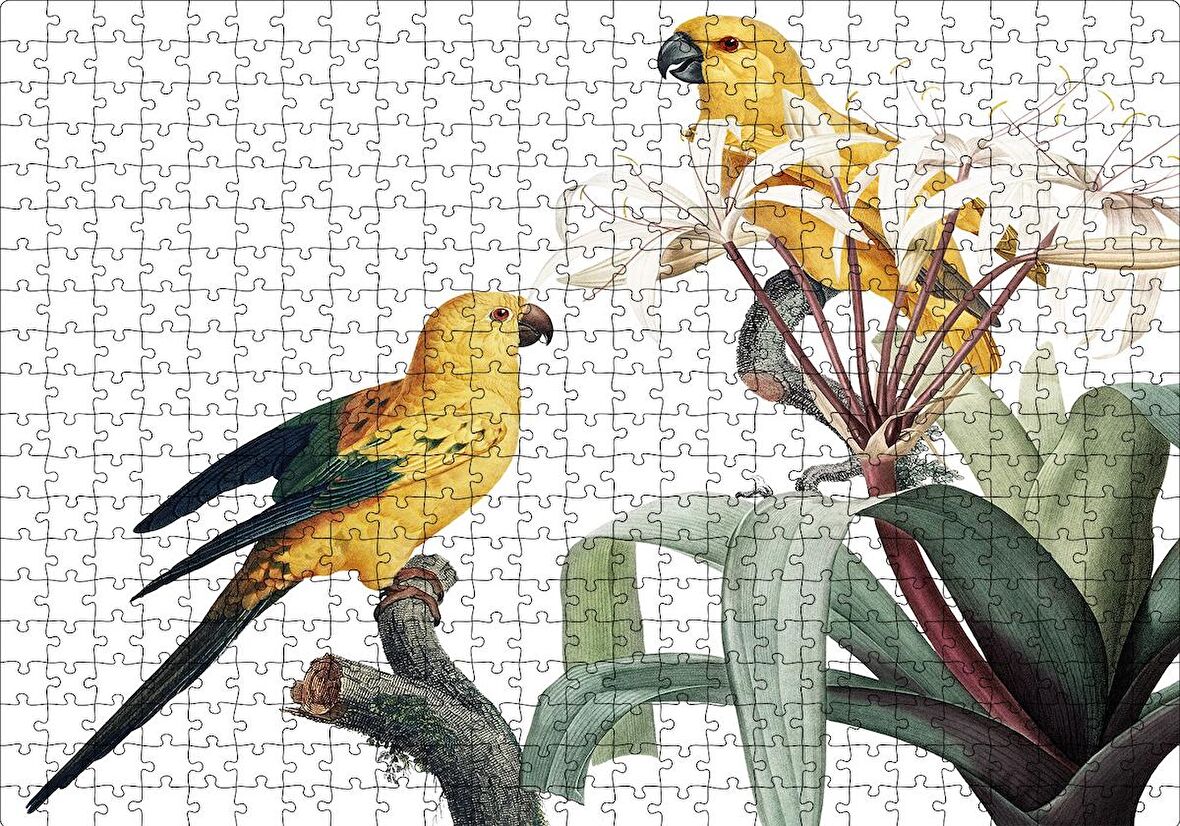 Cakapuzzle  Dallar Arasında Sarı Papağanlar Gravür Puzzle Yapboz MDF Ahşap