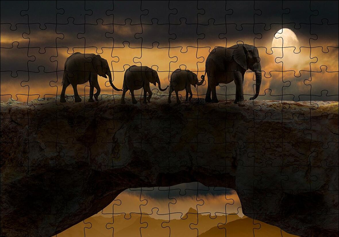 Cakapuzzle  Fil Ailesi Dolunay ve Bulutlar Puzzle Yapboz MDF Ahşap