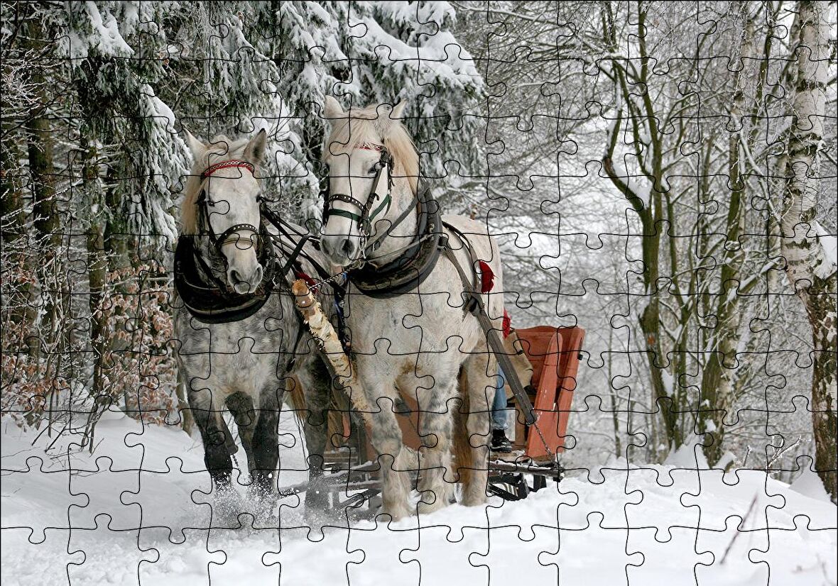 Cakapuzzle  Karda Kızak Çeken Bir Çift At Puzzle Yapboz MDF Ahşap