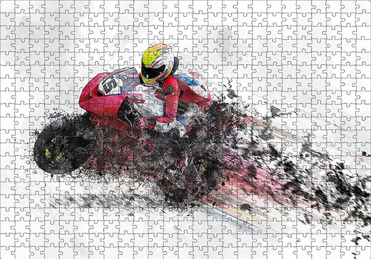 Cakapuzzle  Kırmızı Yarış Motoru Dijital Çizim Puzzle Yapboz MDF Ahşap