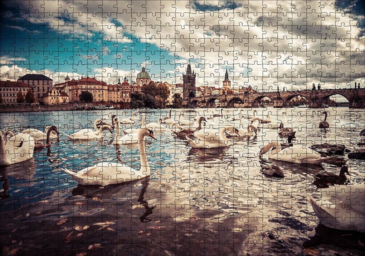 Cakapuzzle  Prag Charles Köprüsü ve Kuğular Puzzle Yapboz MDF Ahşap