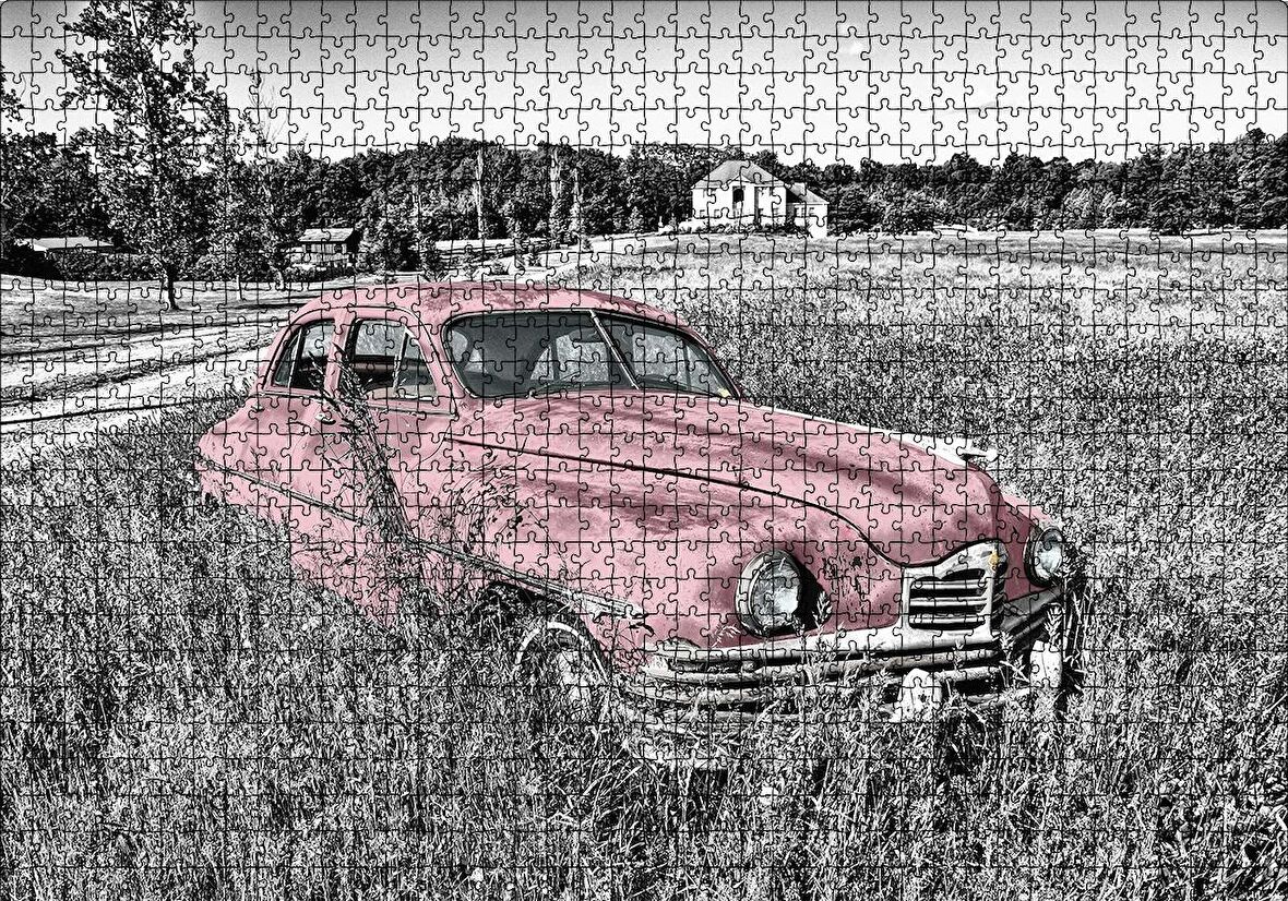 Cakapuzzle  Siyah Beyaz Çayırlardaki Eski Kırmızı Araba Puzzle Yapboz MDF Ahşap