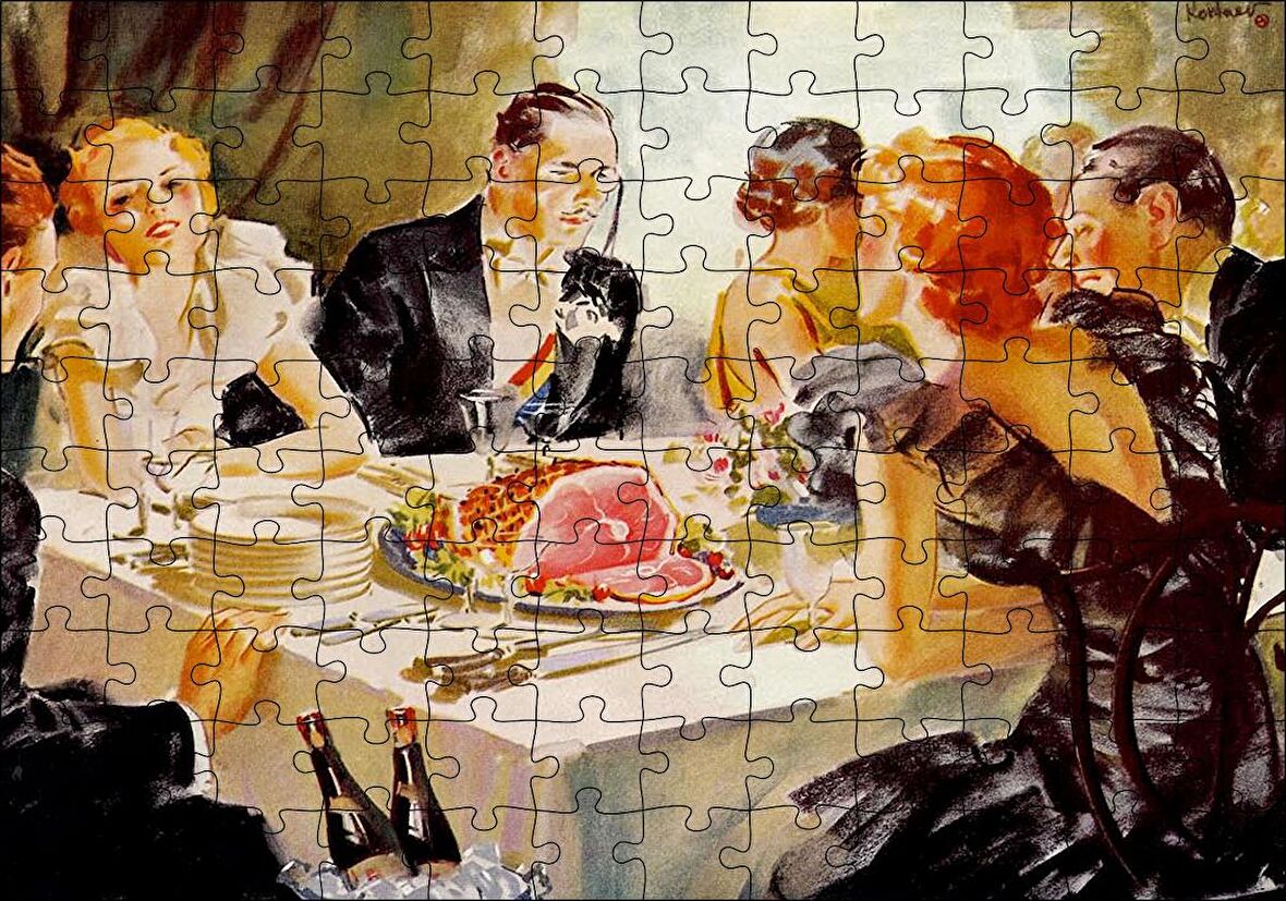 Cakapuzzle  Yağlıboya Görünümlü Yemek Masası ve Konuklar Puzzle Yapboz MDF Ahşap
