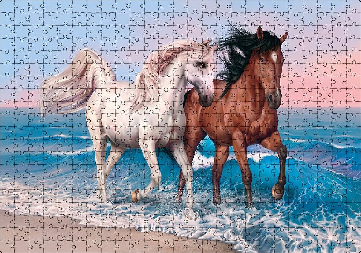 Cakapuzzle  Pilajda Koşan Beyaz Kahve Rengi Atlar Puzzle Yapboz MDF Ahşap