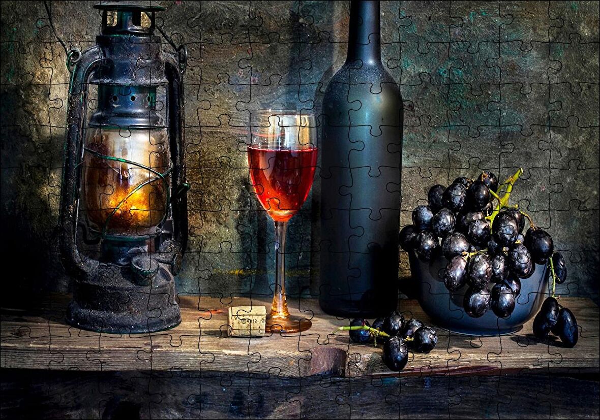 Cakapuzzle Ahlap Tablo Siyah Üzüm Şarap Kadehi Fener Puzzle Yapboz MDF Ahşap