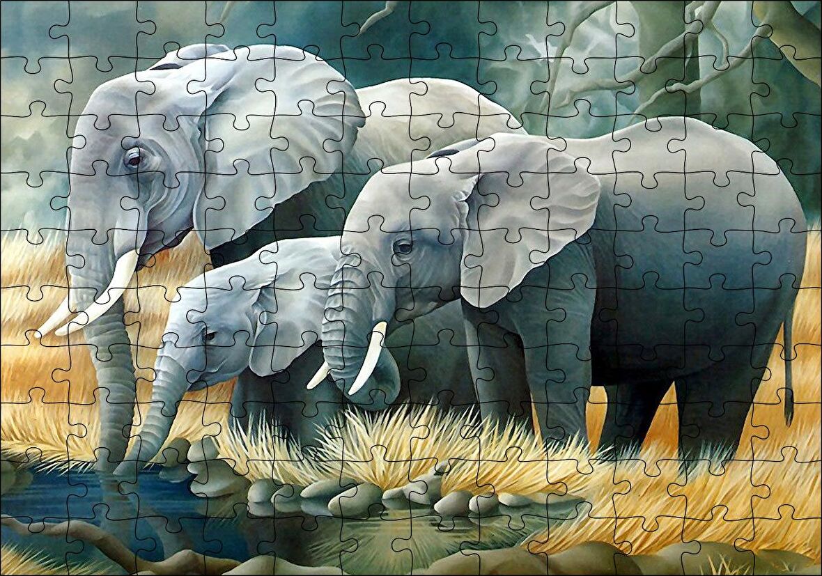Cakapuzzle  Fil Ailesi Su Kenarında Dijital Çizim Puzzle Yapboz MDF Ahşap