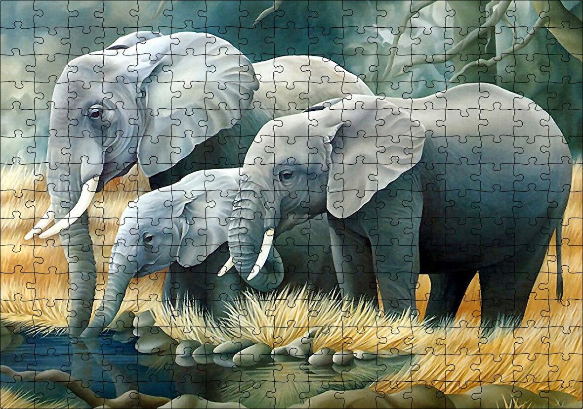 Cakapuzzle  Fil Ailesi Su Kenarında Dijital Çizim Puzzle Yapboz MDF Ahşap