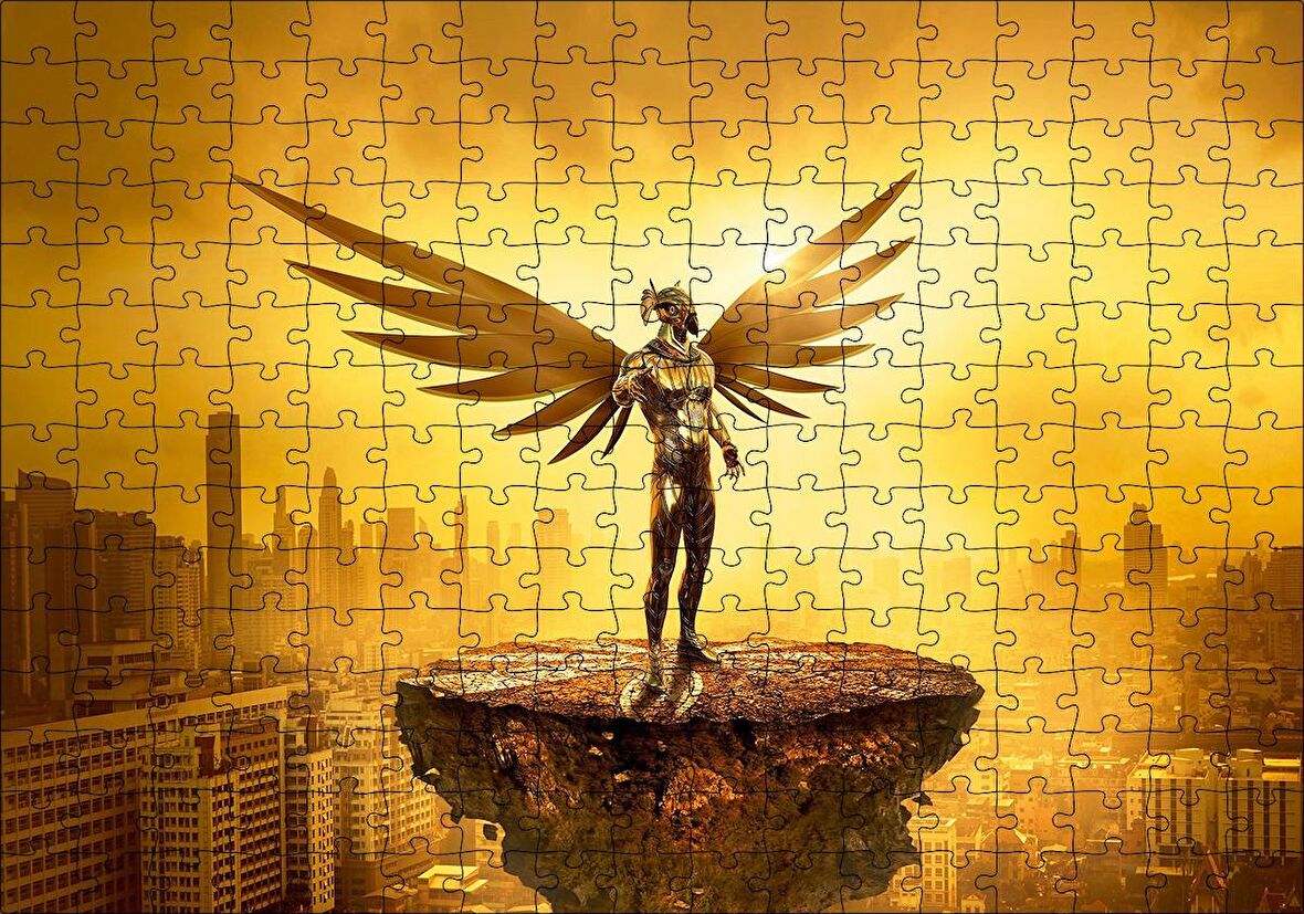 Cakapuzzle  Kanatlı Şövalye Gökdelenler ve Altın Rengi Gökyüzü Puzzle Yapboz MDF Ahşap