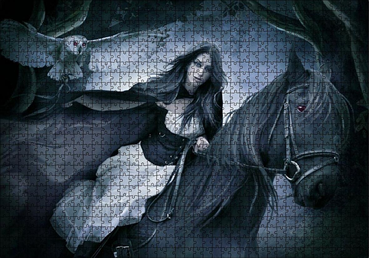 Cakapuzzle  Siyah Atlı Gotik Kız ve Baykuş Puzzle Yapboz MDF Ahşap