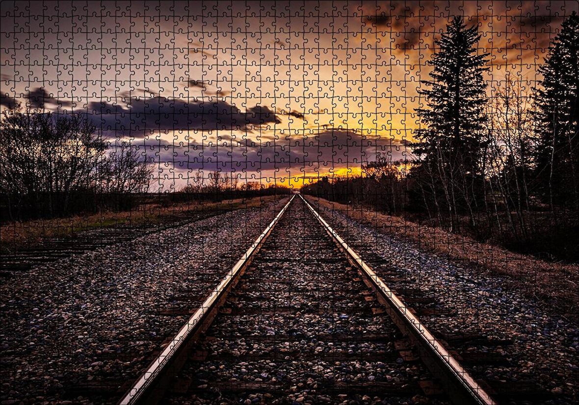 Cakapuzzle  Demir Yolu Gün Batımı Bulut Ağaçlar Puzzle Yapboz MDF Ahşap