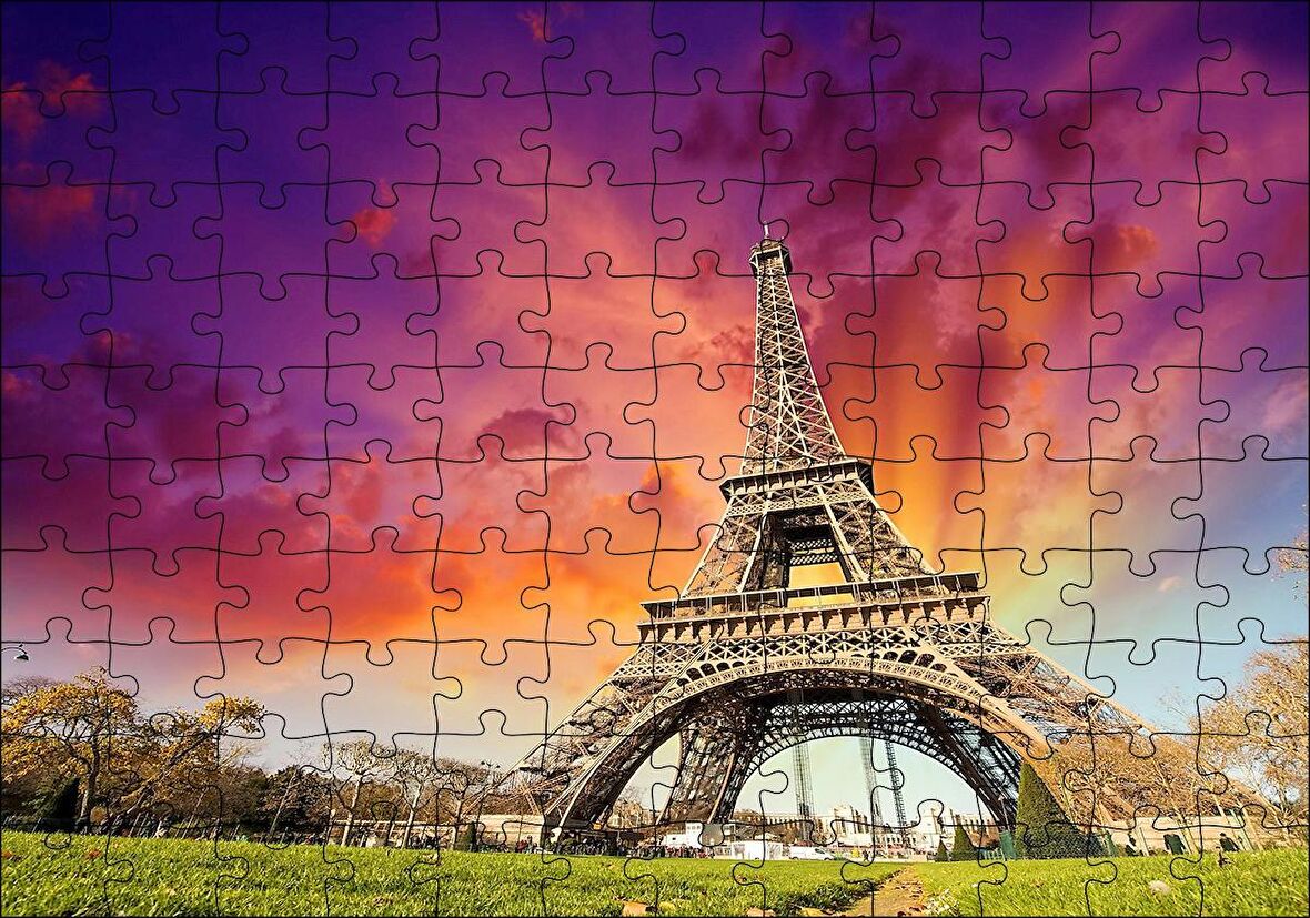 Cakapuzzle  Eyfel Kulesi Gün Batımı Turuncu Kırmızı Puzzle Yapboz MDF Ahşap