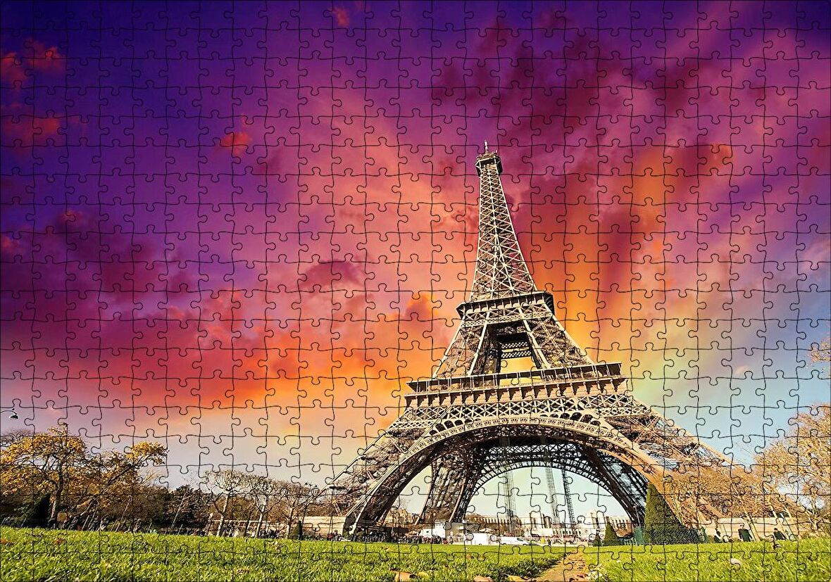 Cakapuzzle  Eyfel Kulesi Gün Batımı Turuncu Kırmızı Puzzle Yapboz MDF Ahşap