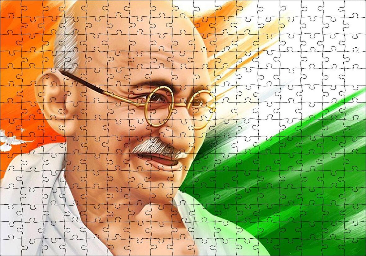Cakapuzzle  Mahatma Gandhi Turuncu Beyaz Yeşil Fon Puzzle Yapboz MDF Ahşap