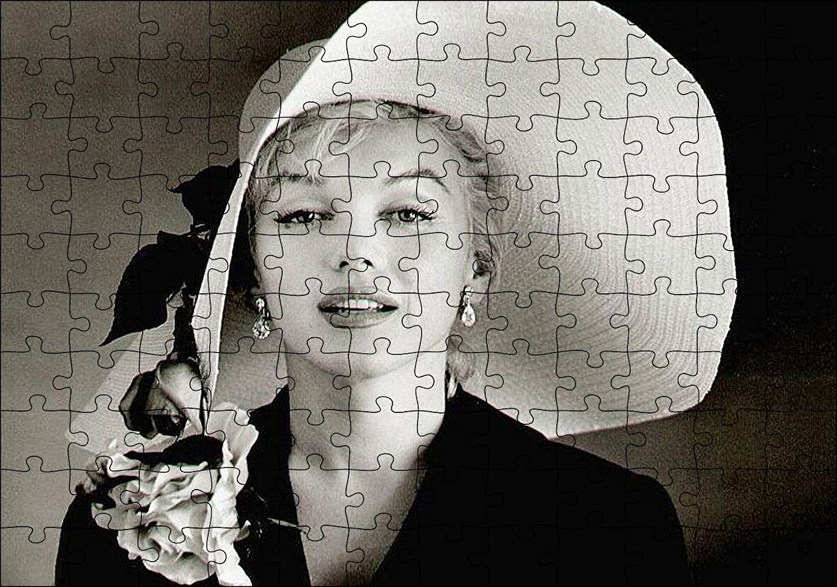 Cakapuzzle  Marilyn Monroe Güllü Beyaz Şapkası Gülümsemesi Puzzle Yapboz MDF Ahşap