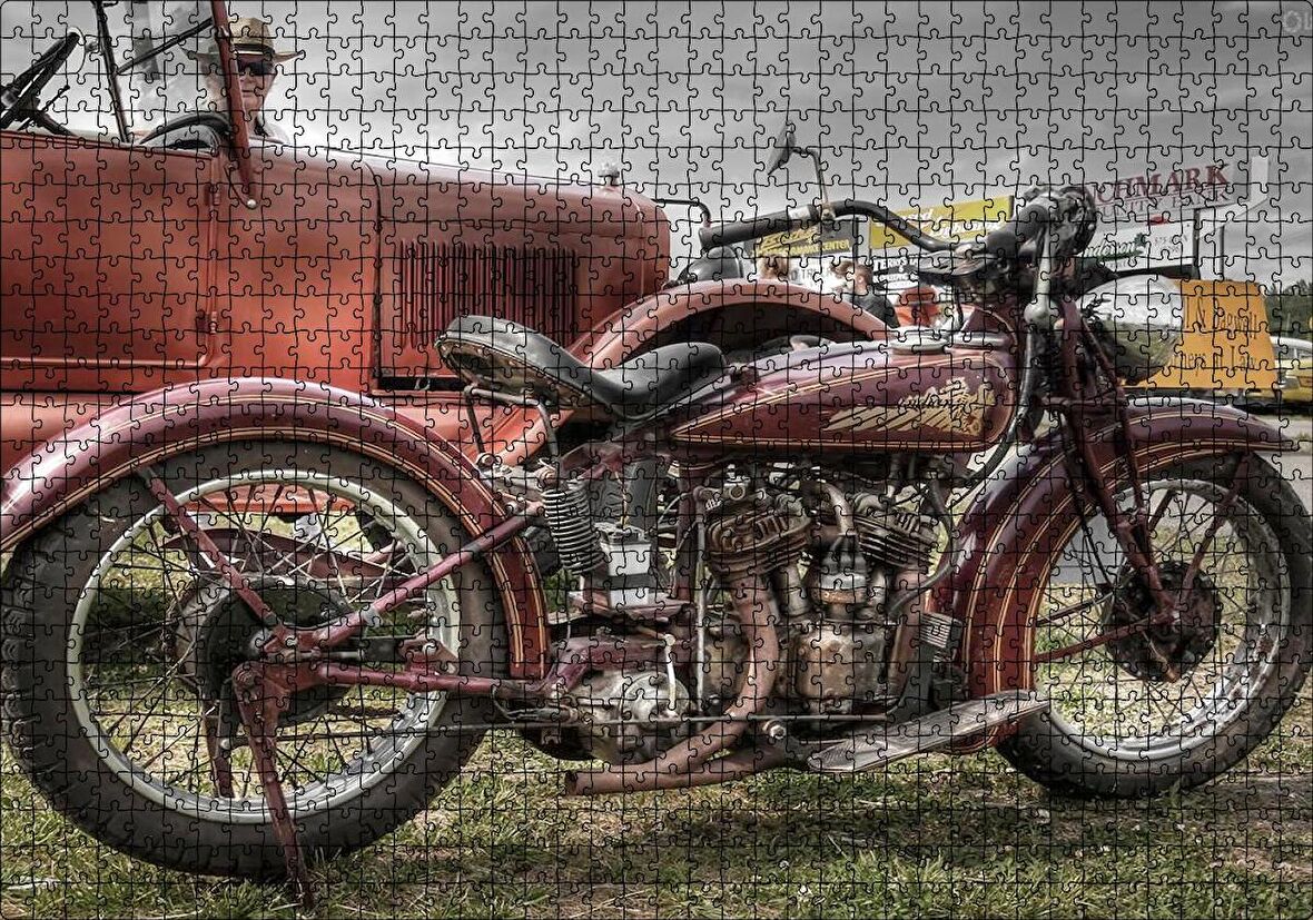 Cakapuzzle  Antika Motosiklet Ve Araba Görseli Puzzle Yapboz MDF Ahşap