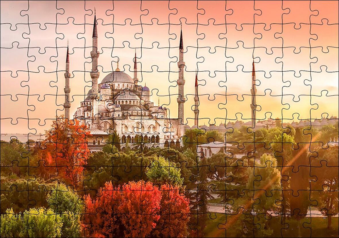 Cakapuzzle  Günbatımında İstanbul Camisi ve Sonbahar Renkleri Puzzle Yapboz MDF Ahşap