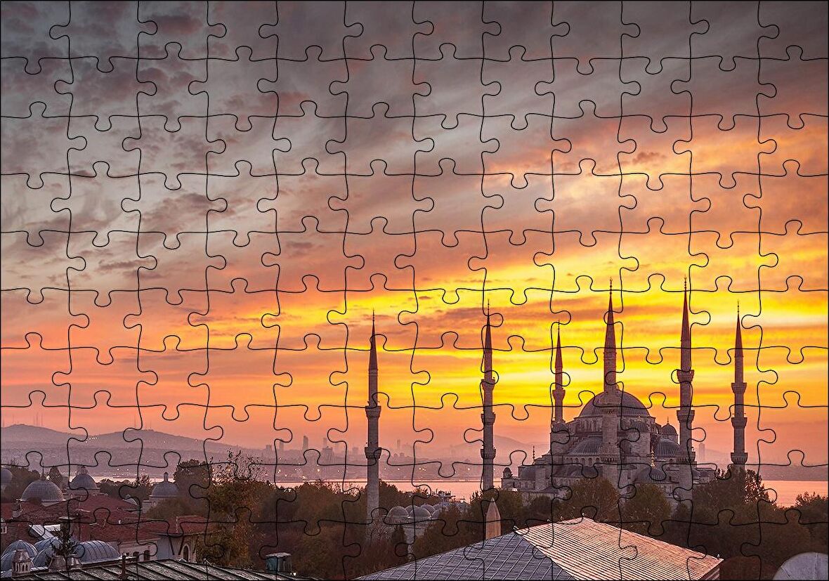 Cakapuzzle  Günbatımında Sultanahmet Camii ve Kızıl Bulutlar Puzzle Yapboz MDF Ahşap