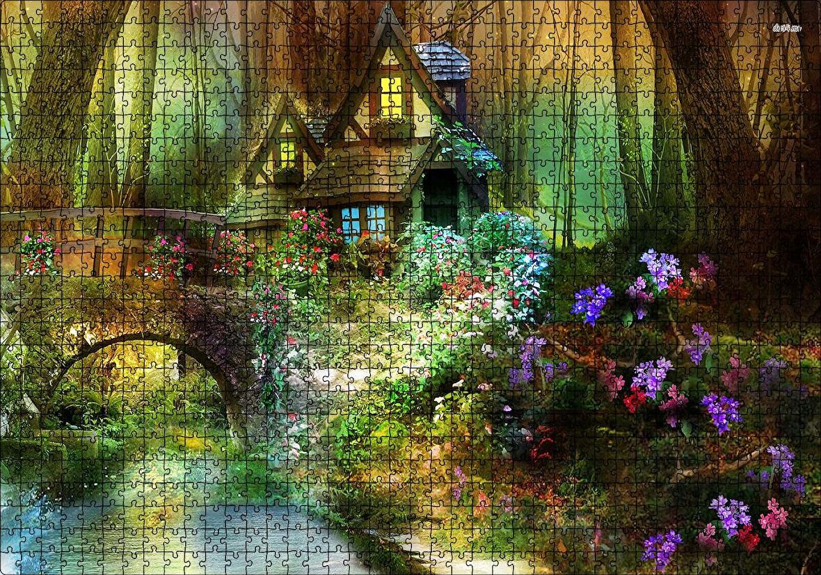 Cakapuzzle  Ormandaki Sevimli Kulübe Köprü ve Çiçekler Puzzle Yapboz MDF Ahşap