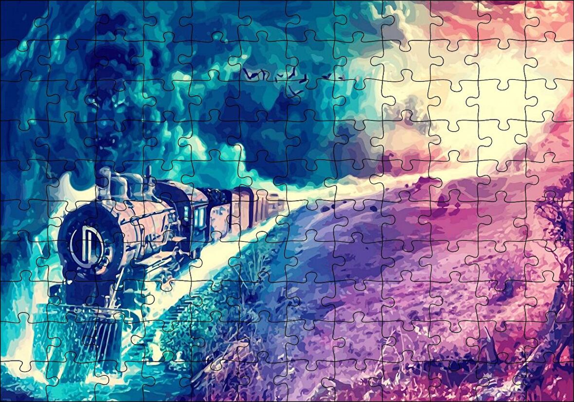 Cakapuzzle  Fantazi Sanat Tren Duman Ve Kuşlar Görseli Puzzle Yapboz MDF Ahşap